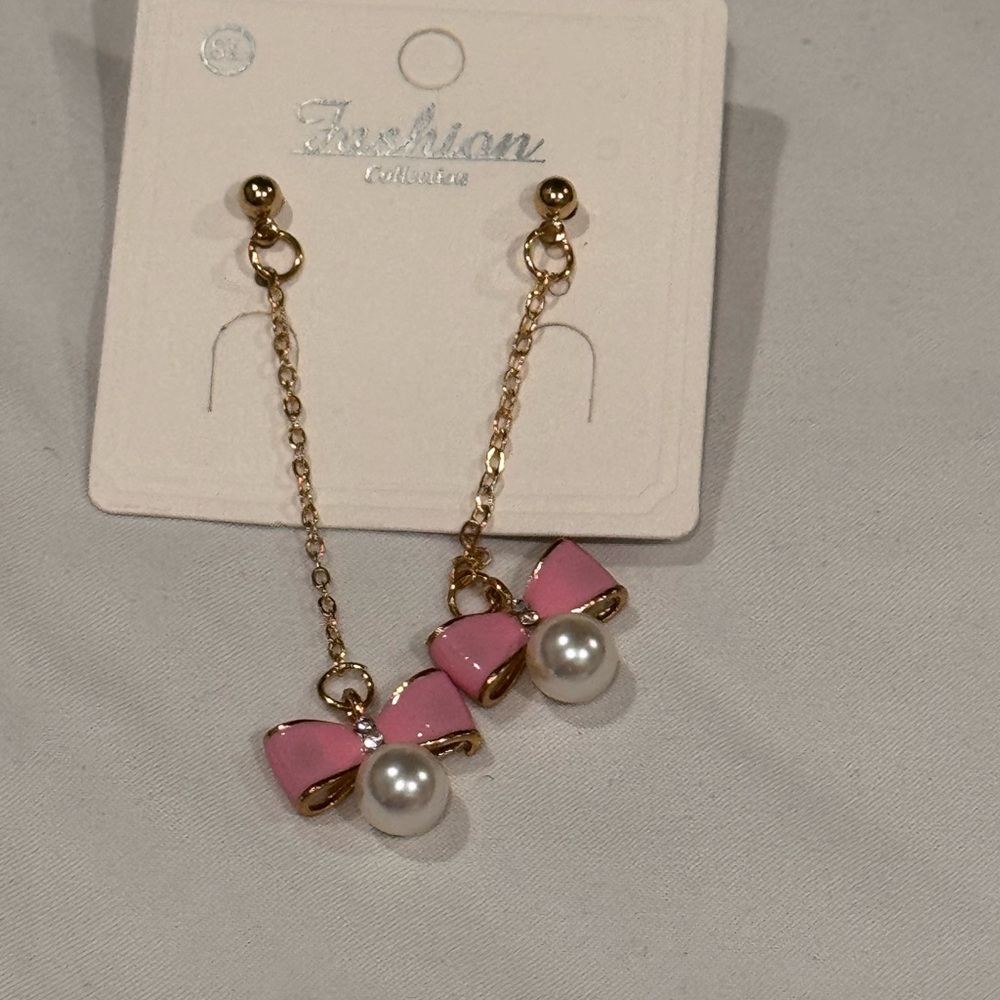 Pink Bow and Pearl Drop Earrings 2.5 inch